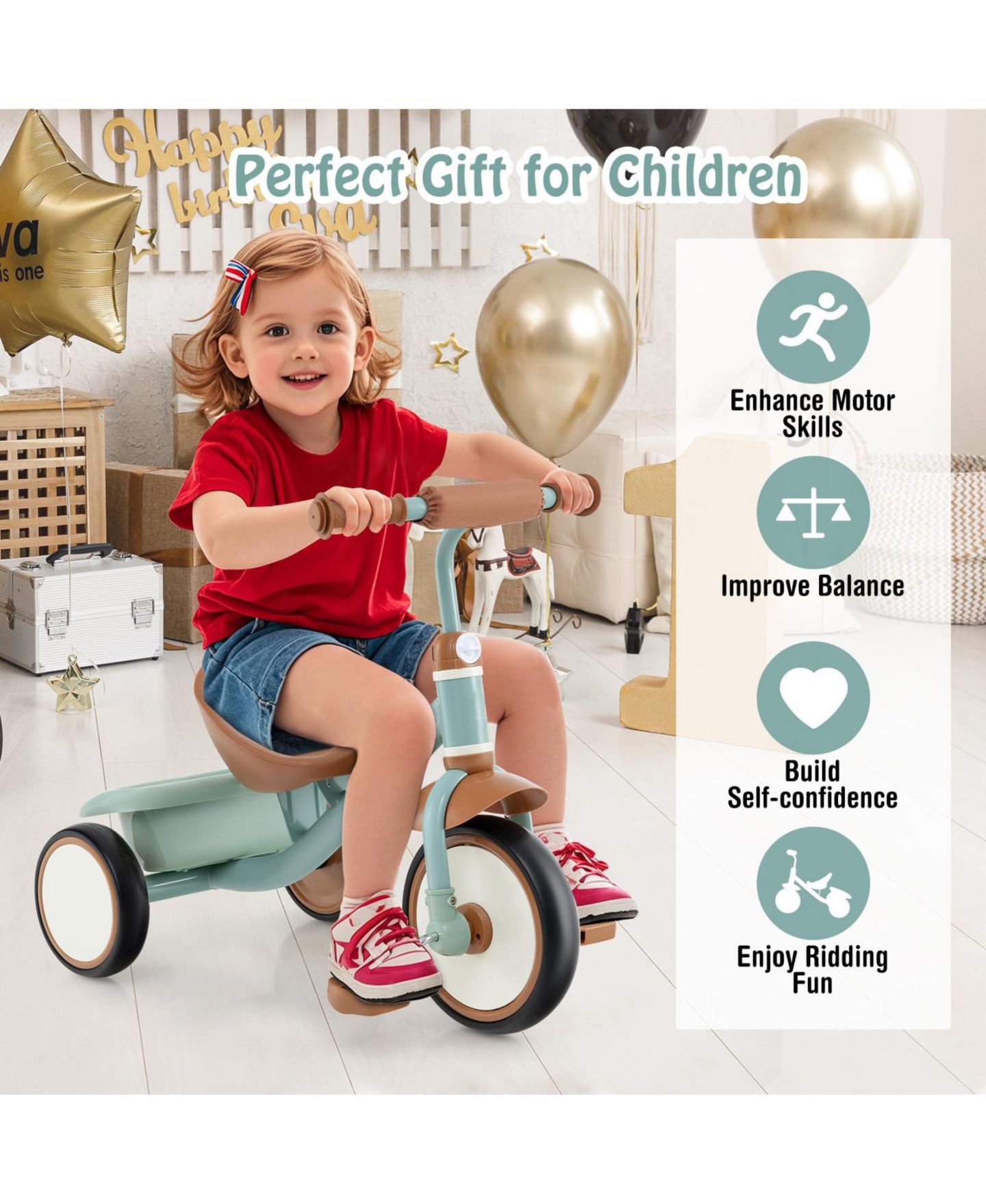 Детская игрушка Mecale Toddler Tricycle Kids Trike with Adjustable Seat and Storage Basket Aged 3-5 Years Old, цвет: Зелёный — фото 8