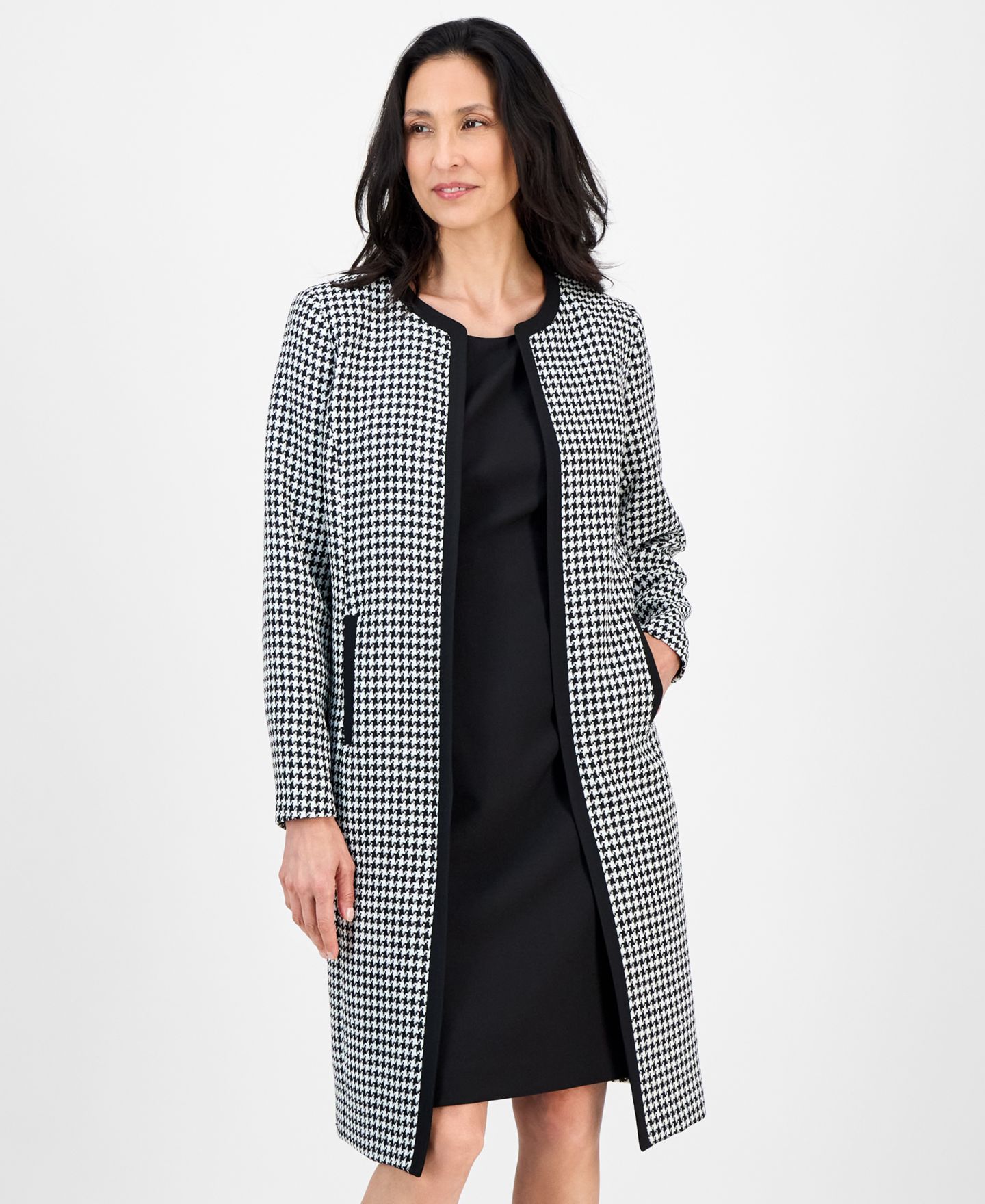 Женские платья Le Suit Houndstooth Topper Jacket & Sleeveless 2 Piece Dress Suit, цвет: Чёрный / Белый — фото 3