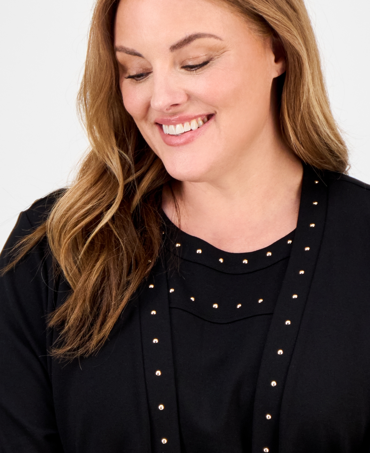 Anne Klein Plus Size Stud-trim Open-front Cardigan In Black