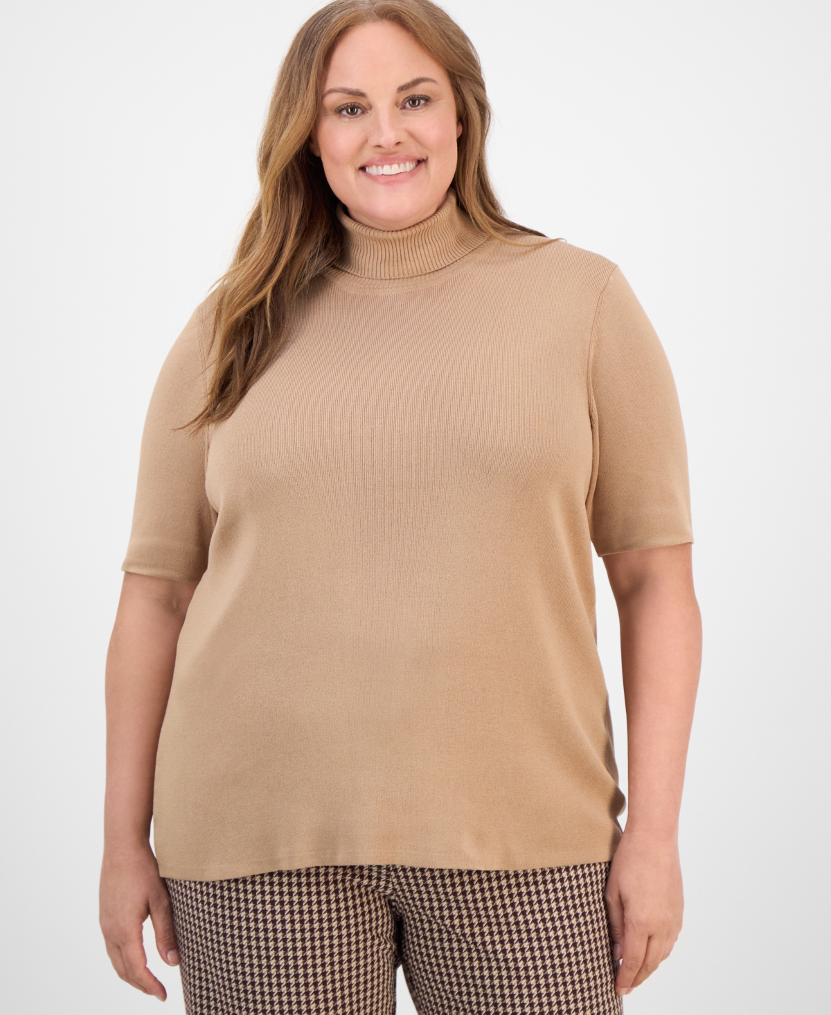 Anne Klein Plus Size Short-sleeve Turtleneck Top In Brown