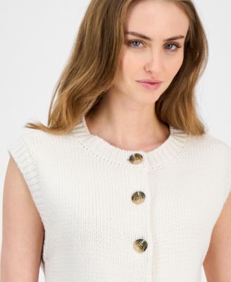 Petite Button-Front Ribbed-Hem Stitch Sweater