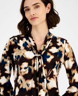 Petite Printed Tie-Neck Long-Sleeve Blouse