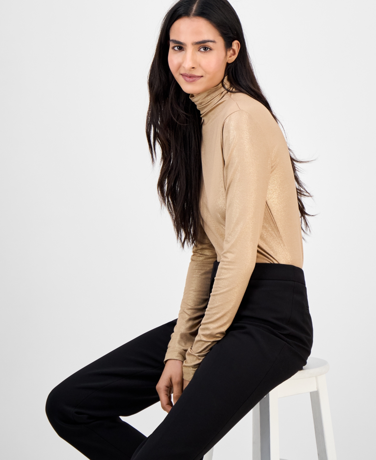 Anne Klein Shimmer Turtleneck Long Sleeve Top In Brown