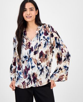Anne Klein - Women's Printed Pleated Split-Neck Blouse