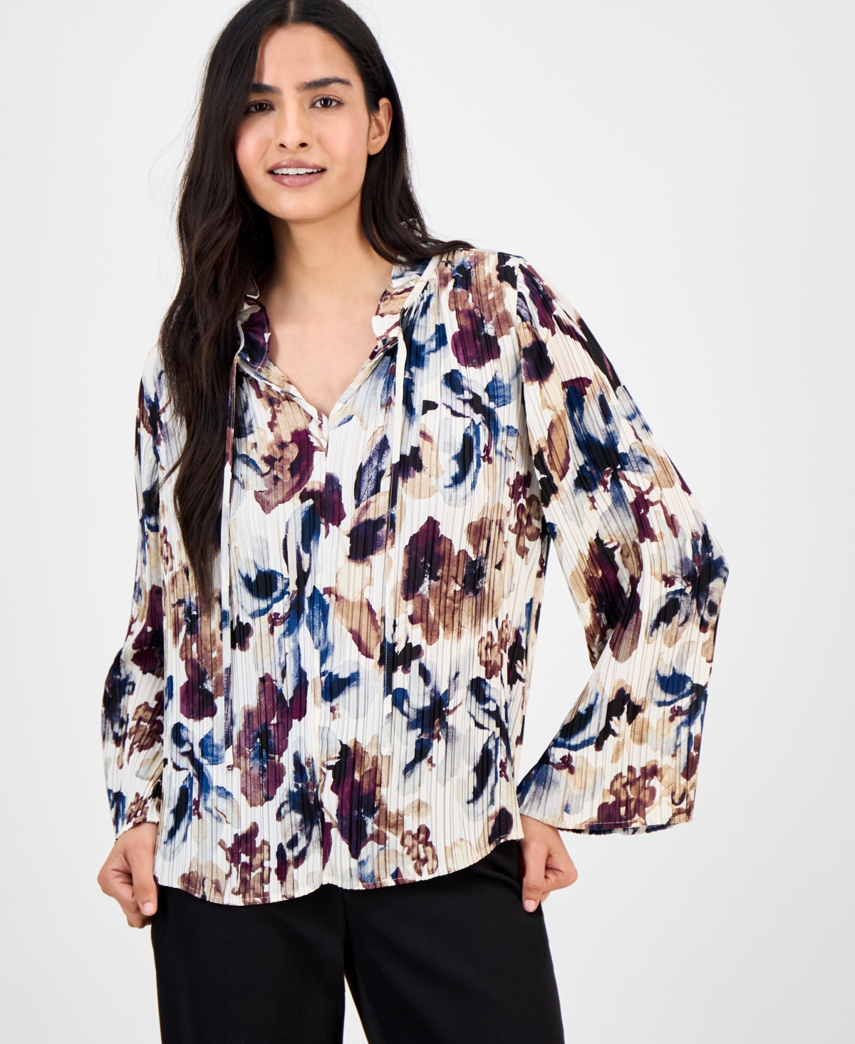 Anne Klein Women's Printed Pleated Split-neck Blouse In Multi