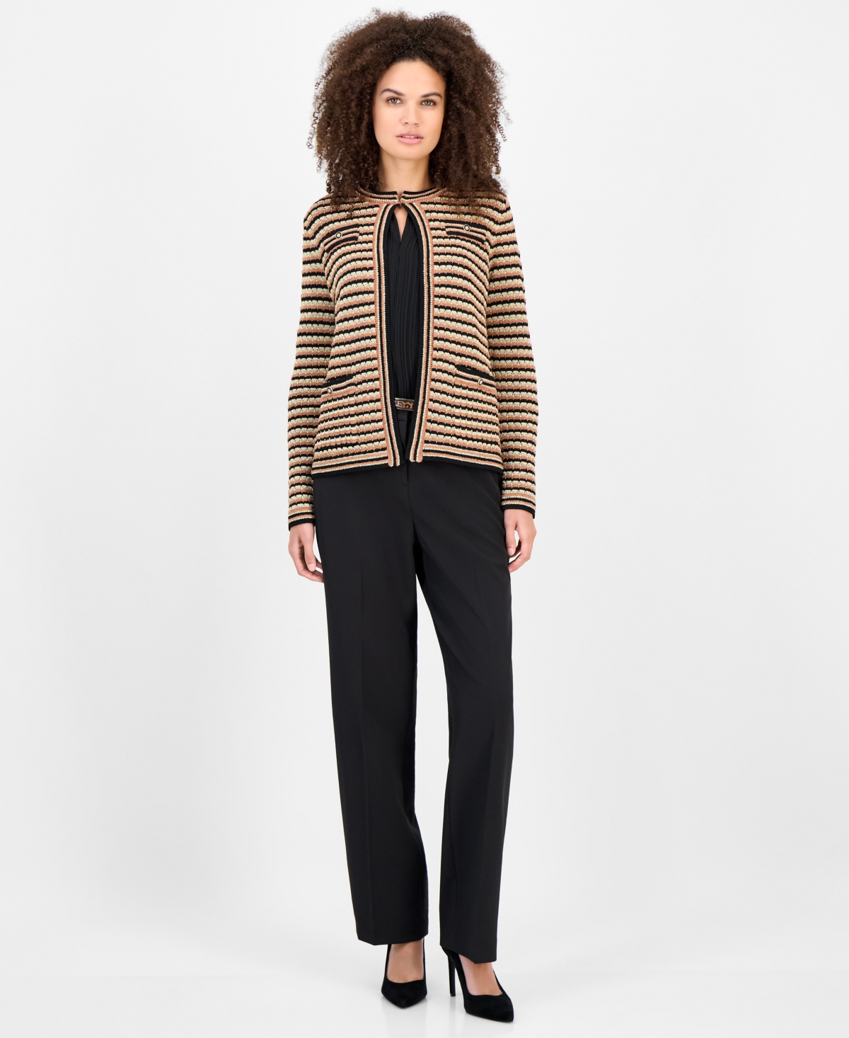 Anne Klein Plus Size Long-sleeve Front-pocket Cardigan In Brown