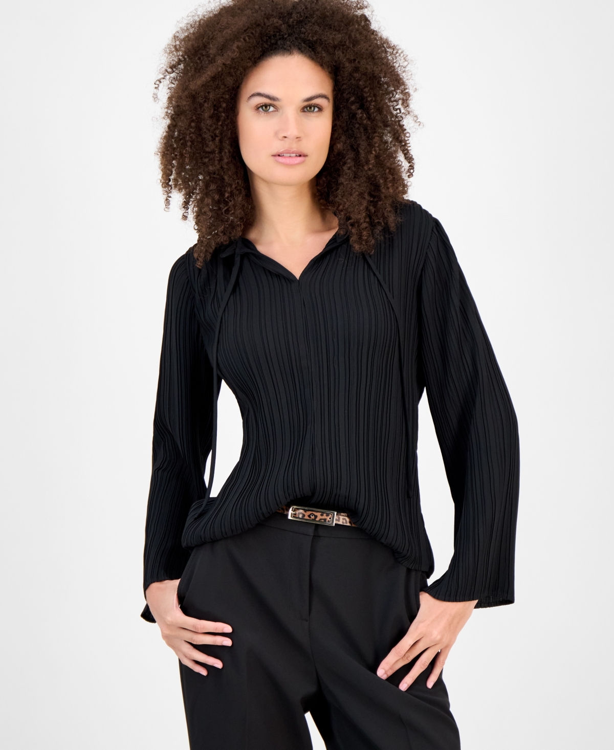 Anne Klein Women's Split-neck Pleated Blouse In Black