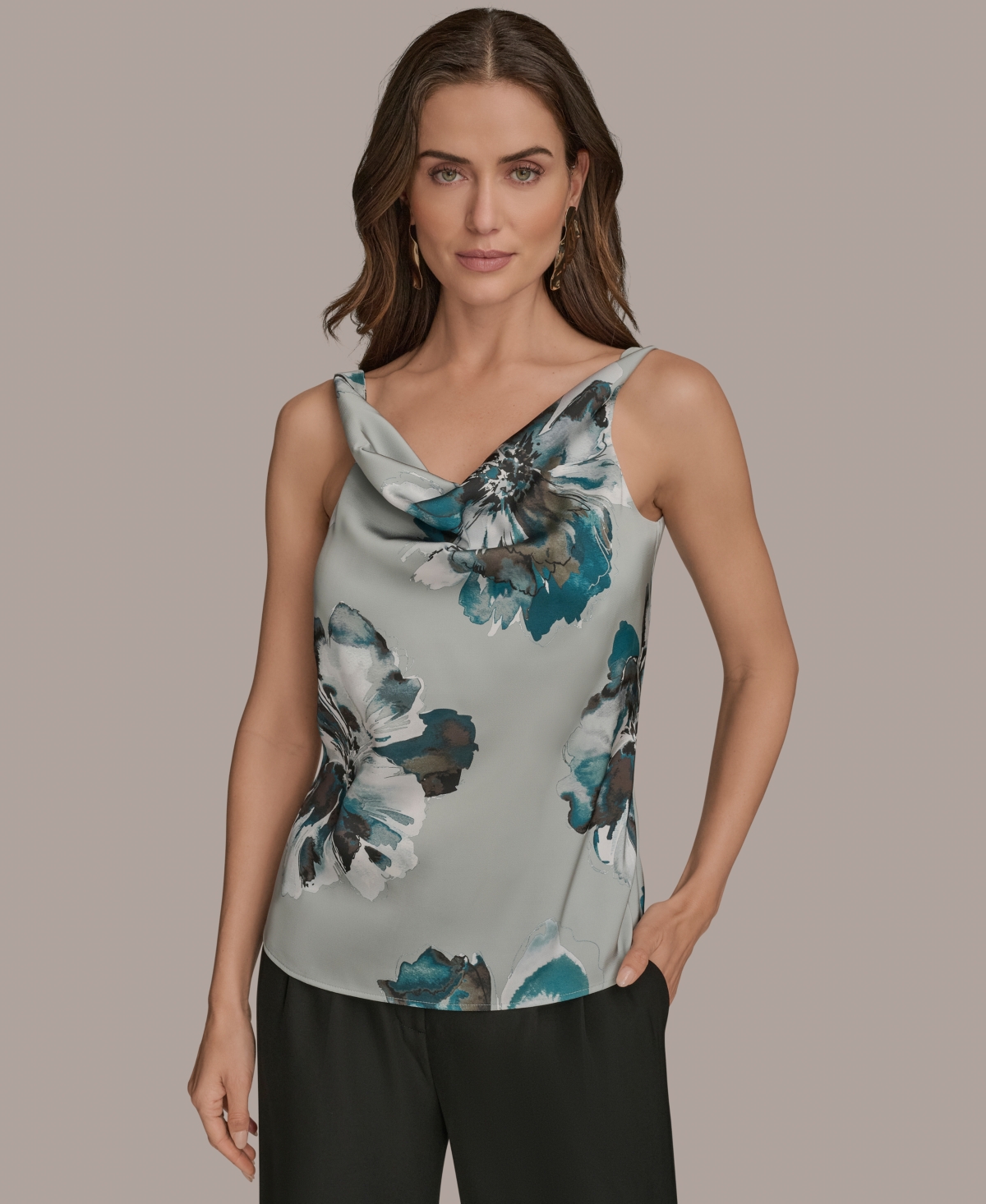 Donna Karan Women's Printed Cowlneck Satin Tank Top