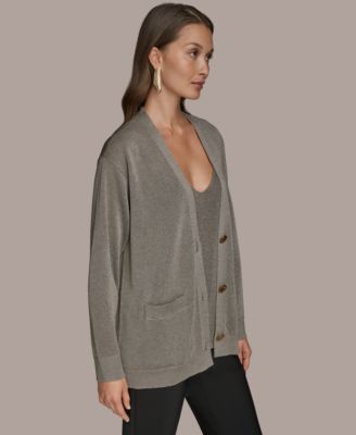 Women's Long-Sleeve Metallic Three-Button Cardigan Sweater