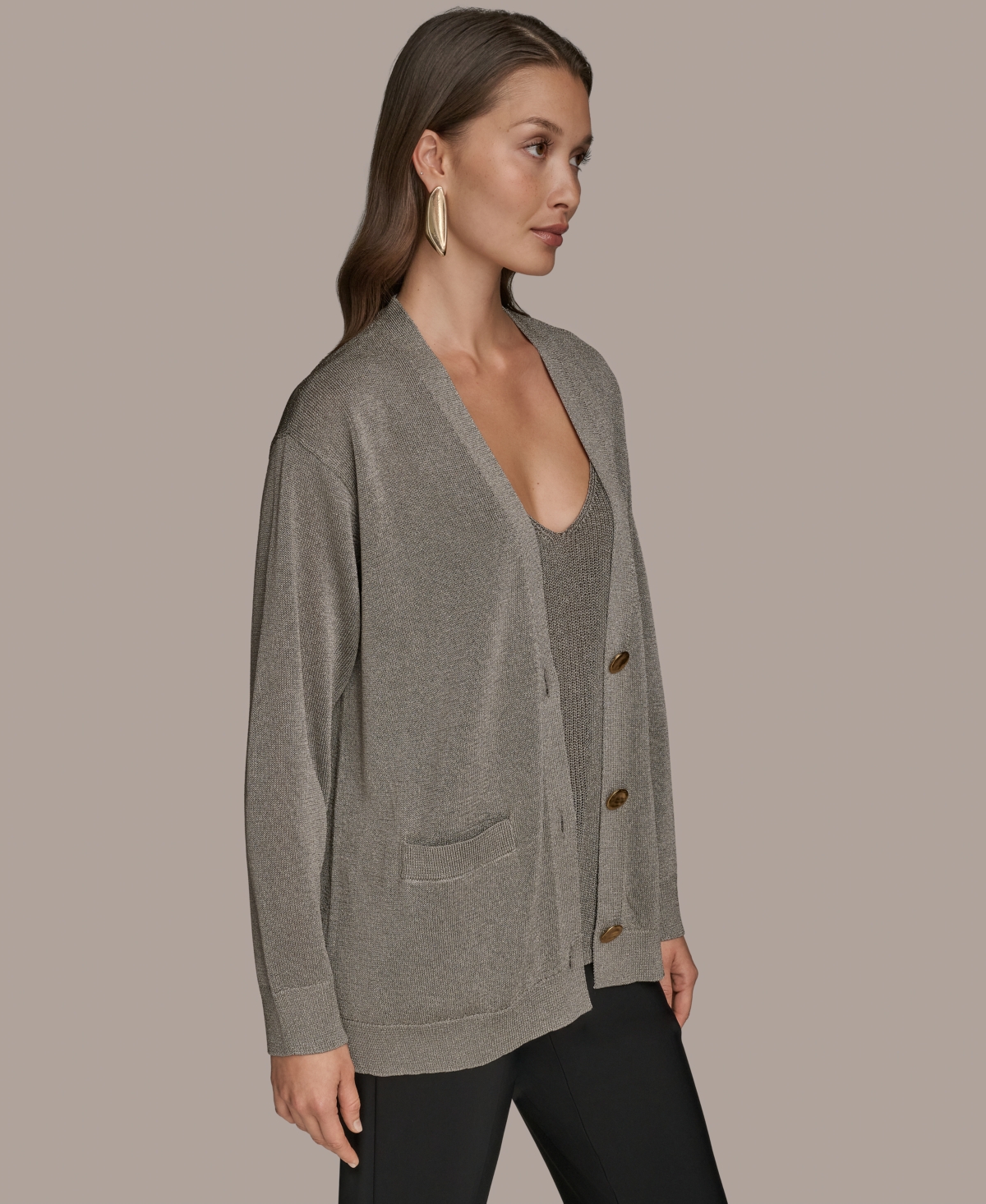 Donna Karan Women's Long-sleeve Metallic Three-button Cardigan Sweater In Gray