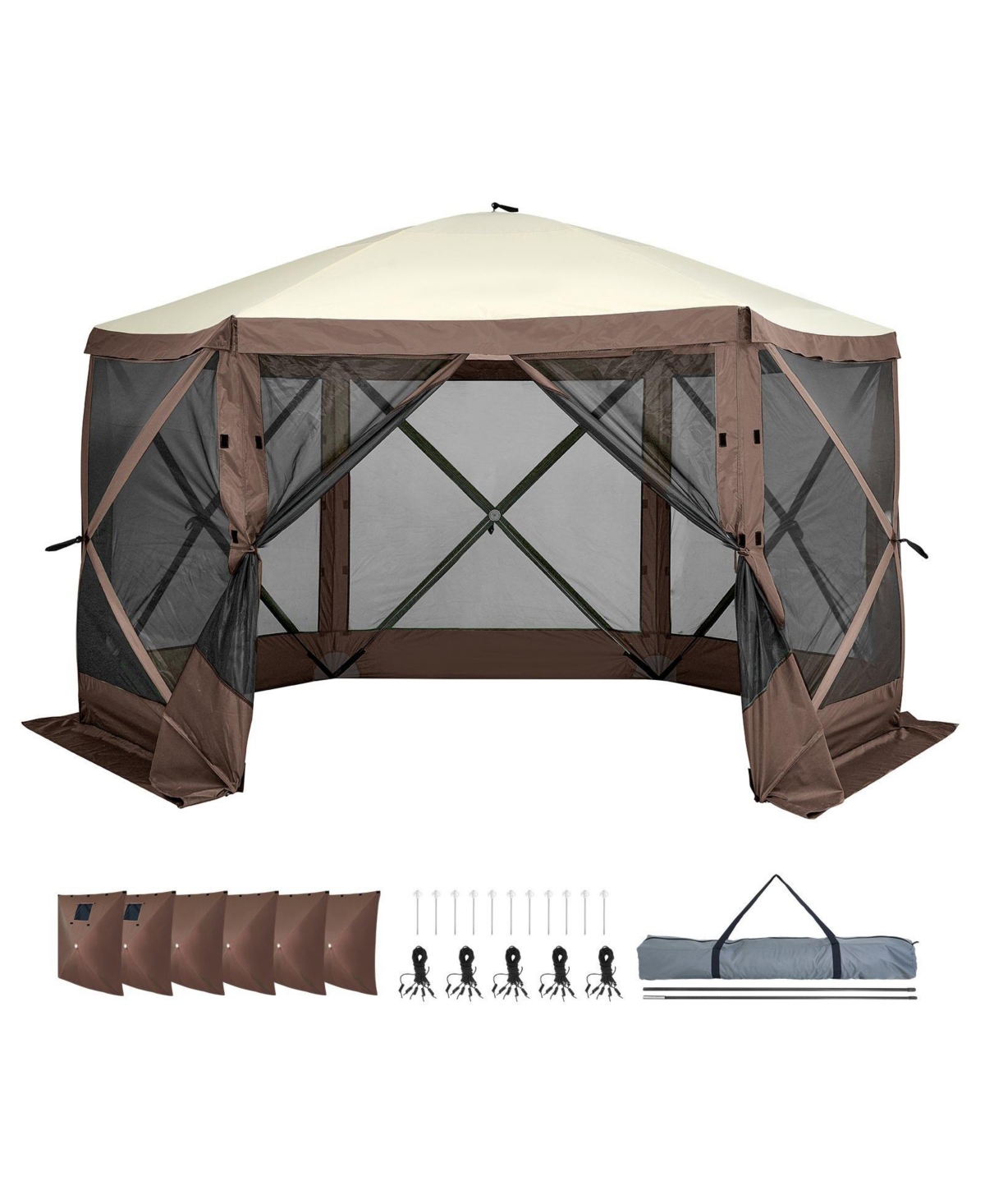 Quick Set Pop Up Screen Tent 6 Sided Canopy with Privacy Cloths and Mosquito Netting - Brown