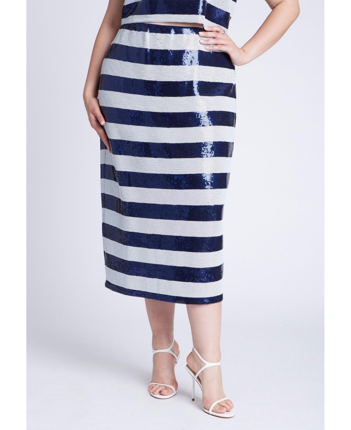 Plus Size Sequin Striped Midi Skirt - Navy and white stripe