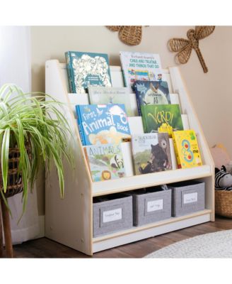 EdQ Book and Bin Display - White: Children's Wooden Bookcase with Shelves and Storage Bins for Kids' Books and Toys