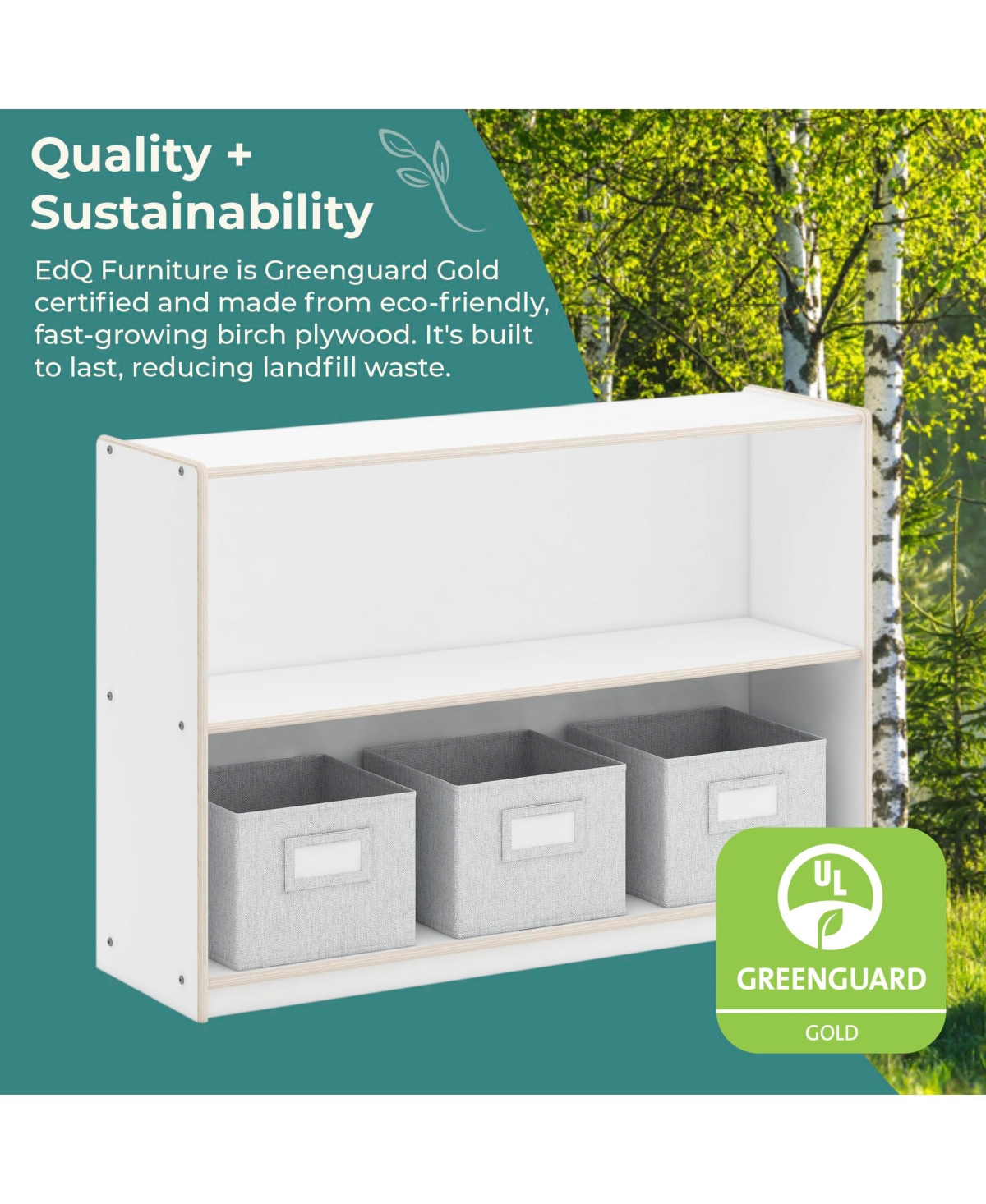 Guidecraft EdQ 2-Shelf Open Storage 30" - White: Kids' Low Wooden Bookshelf, Classroom and Playroom Furniture with Book and Toy Bins