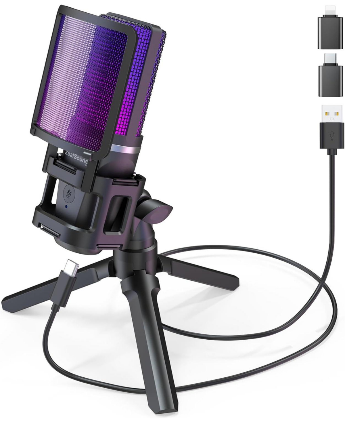ZealSound Gaming Usb Microphone for Pc,Rgb Condenser Computer Mic w/ Tripod Stand,Gain Control for Gaming,Streaming,Podcasting,Asmr,Cardioid Mic Kit