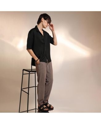 Men's Onyx Black Solid Crinkle Oversized Shirt