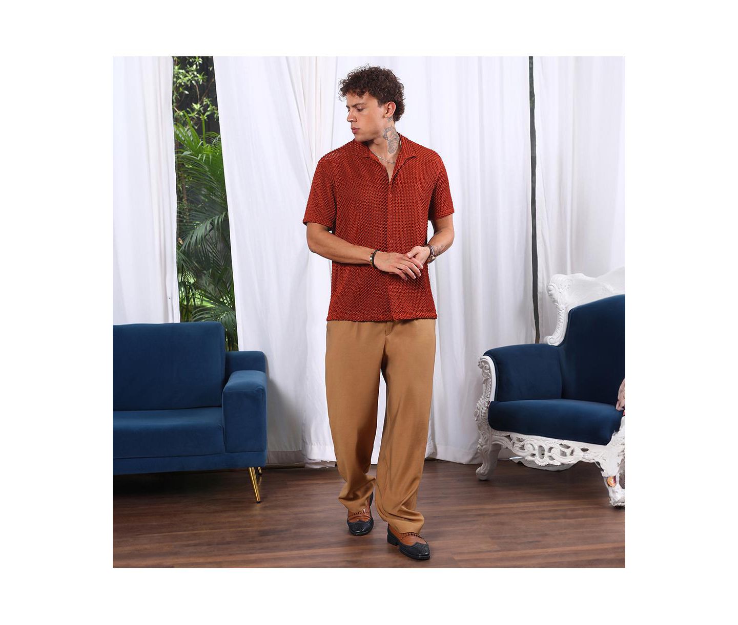 Мужская рубашка Cahoot Campus Sutra Terracotta Brown Puffy-Textured, цвет: Коричневый — фото 3