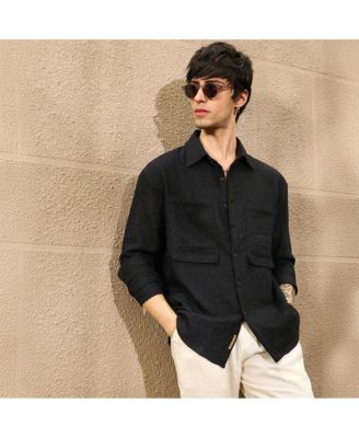 Men's Midnight Black Straw-Tactile Utility Oversized Shirt