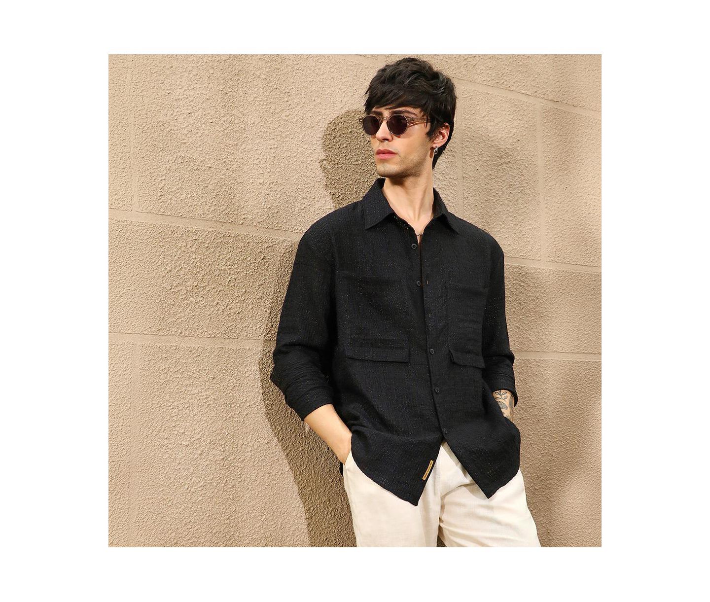 Мужская рубашка Cahoot Campus Sutra Midnight Black Straw-Tactile Utility Oversized, цвет: Чёрный — фото 4