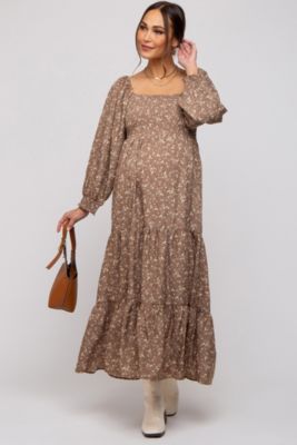 Maternity Cream Floral Smocked Long Sleeve Maxi Dress