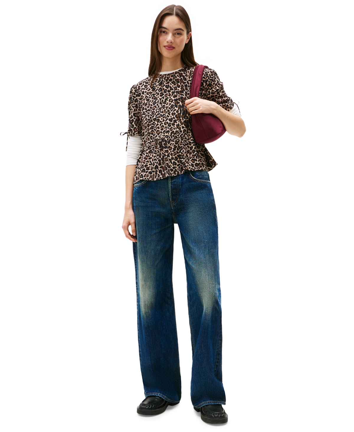 Tommy Jeans Women's Leopard-print Tie-sleeve Blouse In Brown