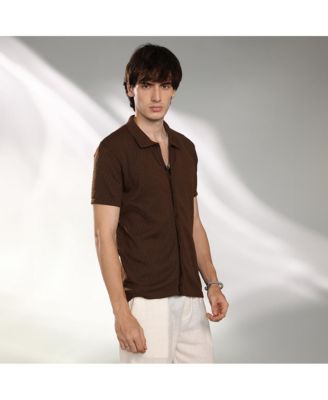 Men's Taupe Brown Rhombus-Textured Knit Shirt