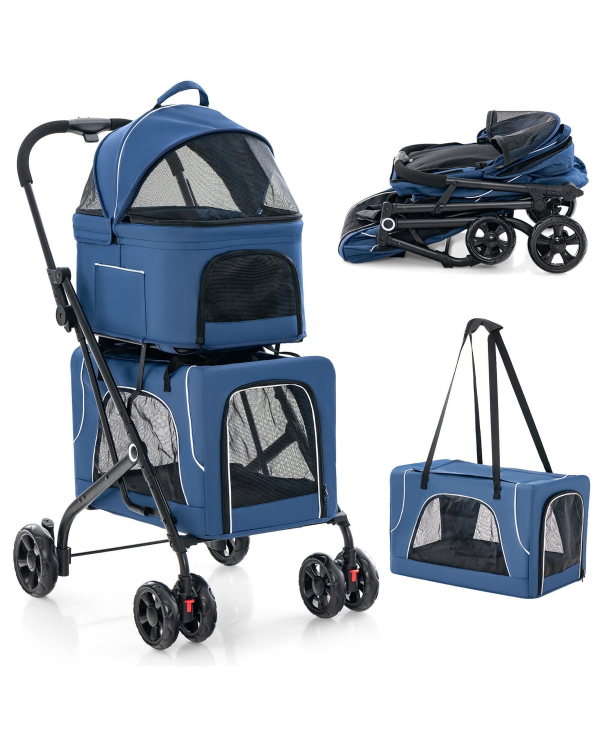 Double Pet Stroller for 2 Dogs or Cats w/ 2 Detachable Carriers Safety Belt - Blue