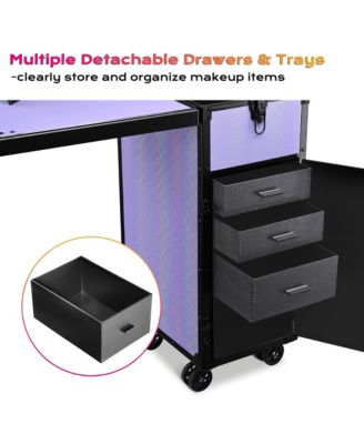 Portable Rolling Nail Table Kit with Makeup Train Case Aluminum Purple