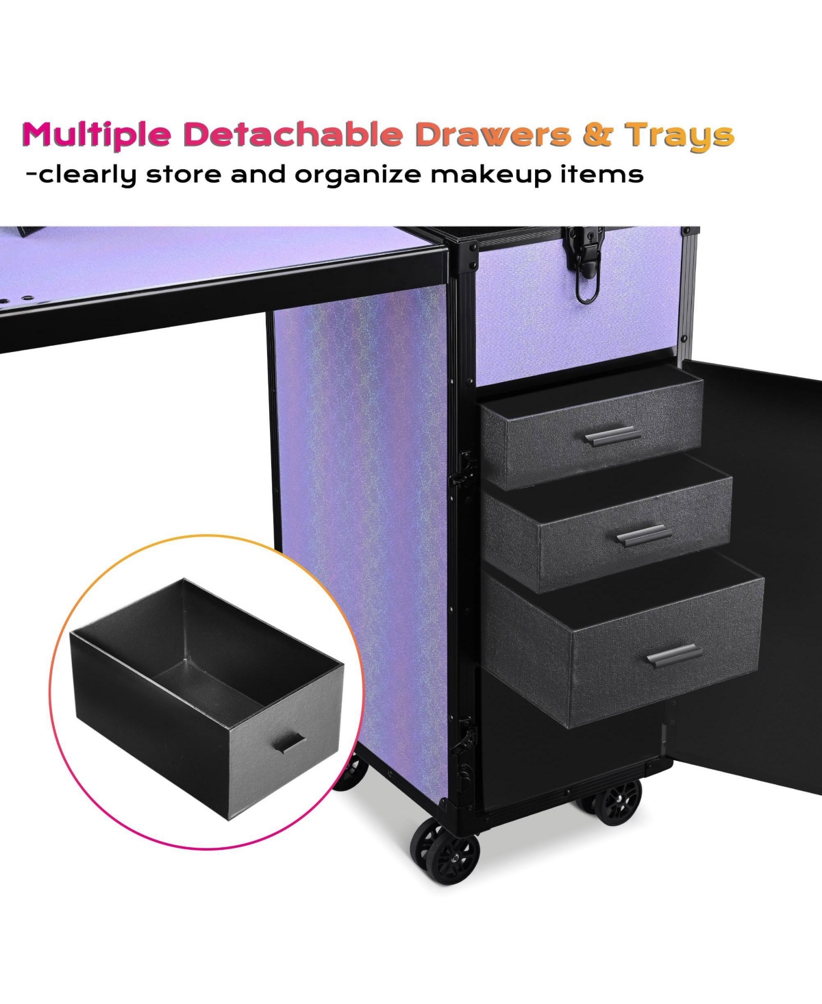 Byootique Portable Rolling Nail Table Kit with Makeup Train Case Aluminum Purple