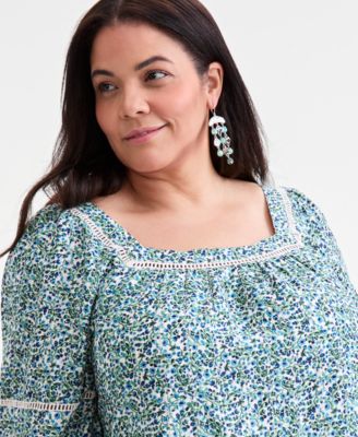 Plus Size Printed Lace-Trim 3/4-Sleeve Dress, Macy's Exclusive