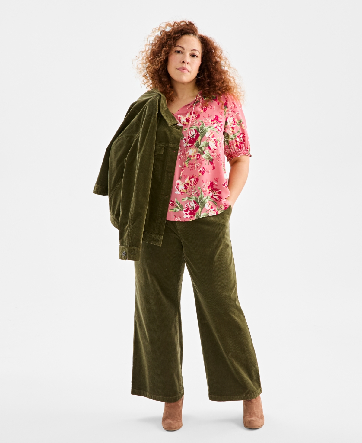 Style & Co Plus Size Floral Printed Puff-sleeve Blouse, Macy's Exclusive In Pink