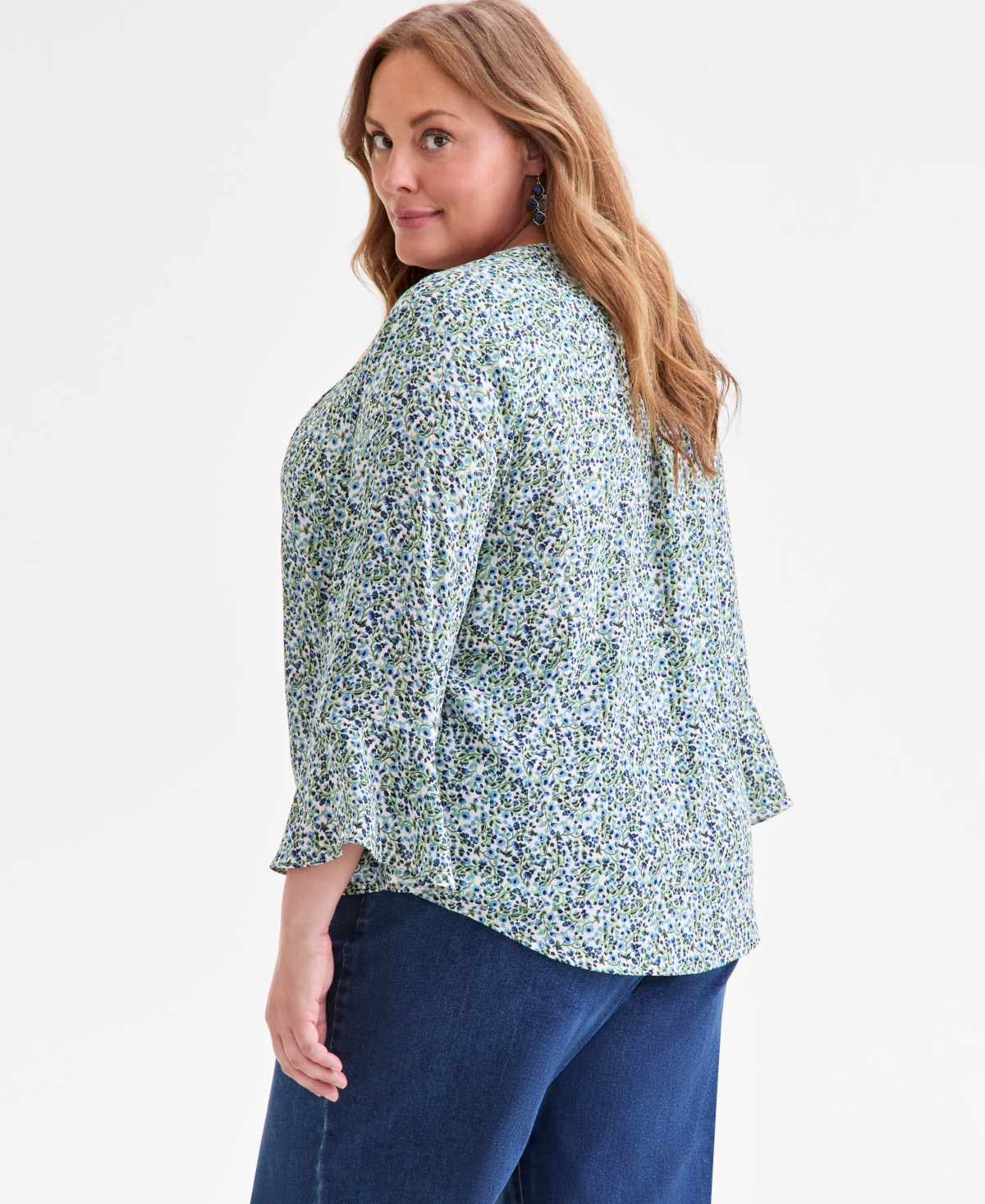Style & Co Plus Size Printed Pintuck V-neck Top, Macy's Exclusive In Blue