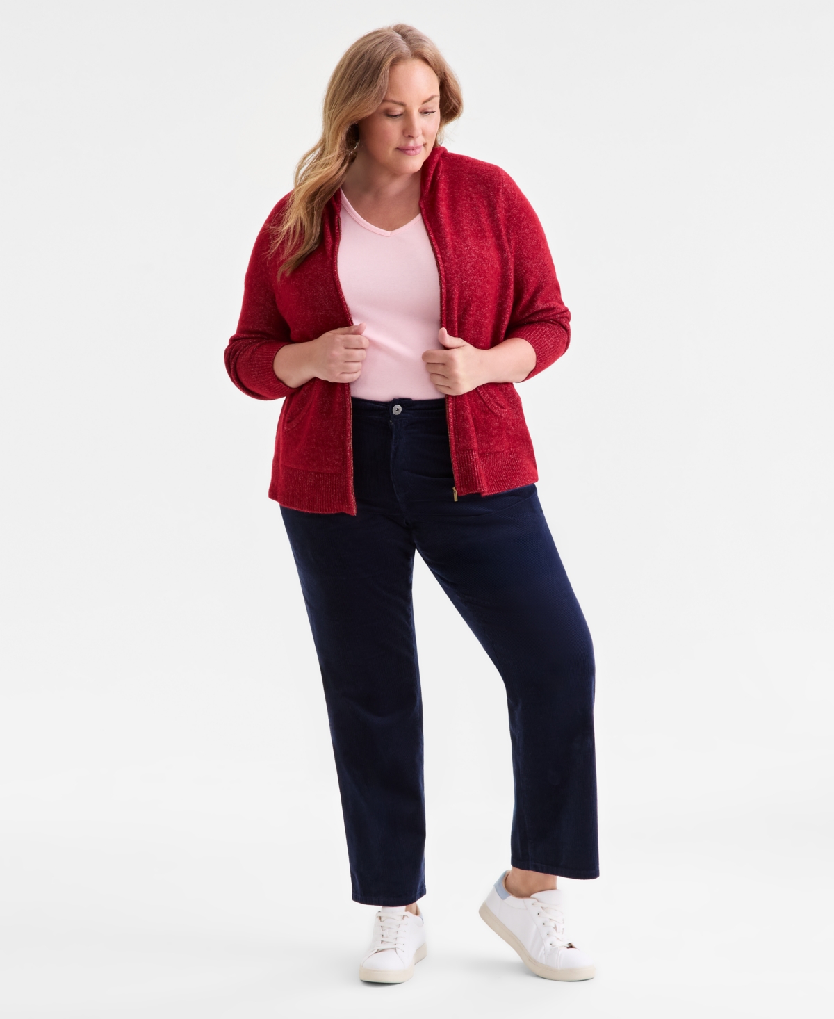Style & Co Plus Size Zip-front Hooded Sweater, Macy's Exclusive In Burgundy