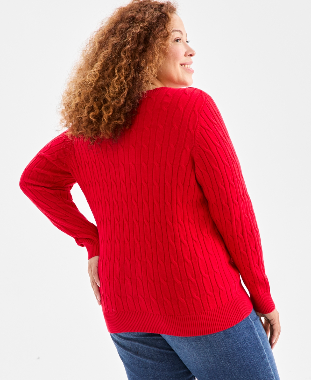 Style & Co Plus Size Cotton Cable-knit V-neck Sweater, Created For Macy's In Red