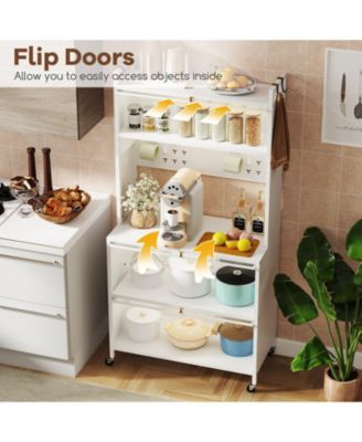 5 Tier Kitchen Bakers Rack with Lights Multifunctional Microwave Stand with Flip Door Cabinets