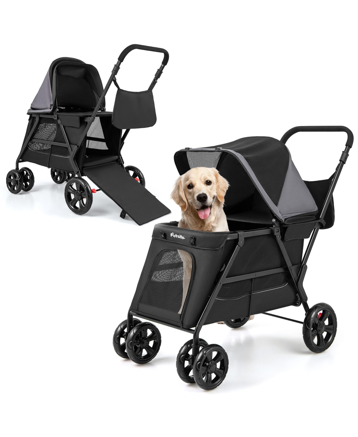 Dog Stroller for Small Medium Dogs w/ Dual Entry Ramp All-Terrain Wheels - Black