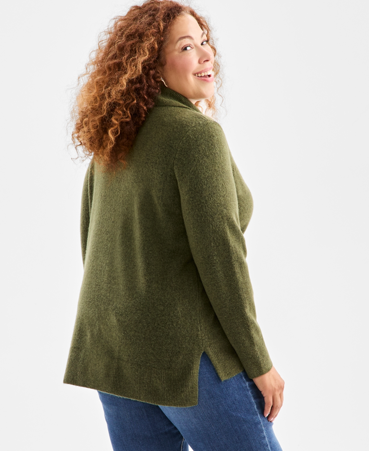 Style & Co Plus Size Johnny Collar Luxe Sweater, Macy's Exclusive In Green
