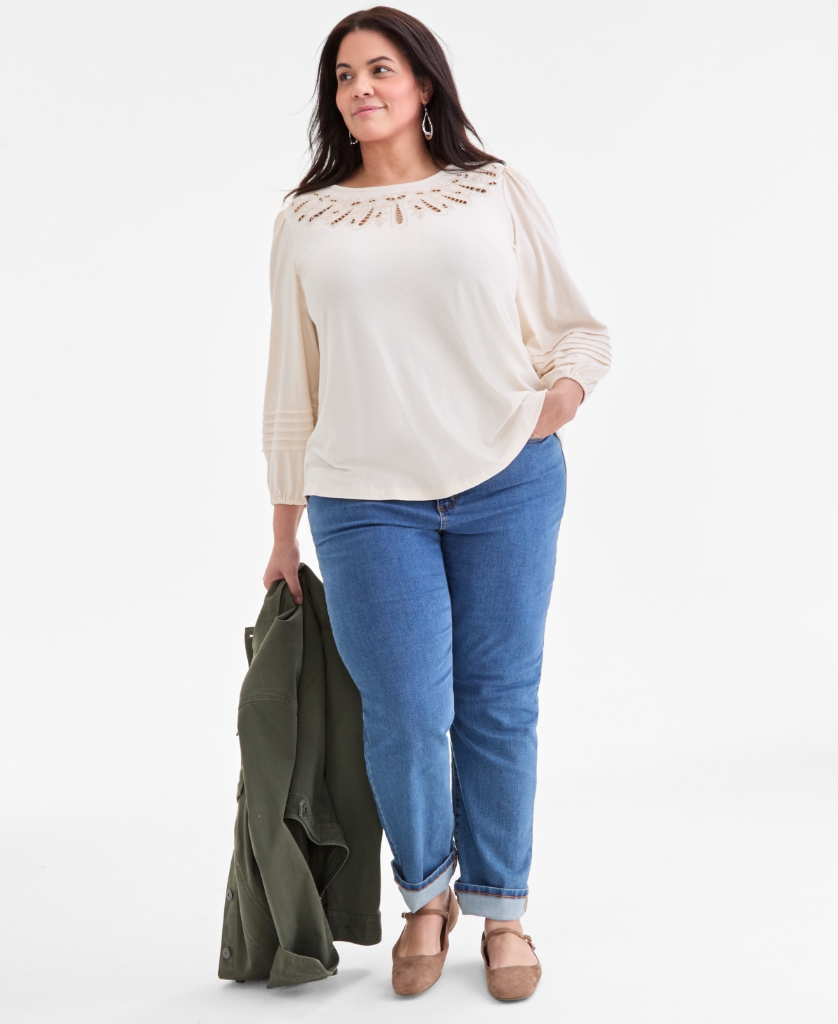 Style & Co Plus Size Broderie Anglaise 3/4-sleeve Top, Macy's Exclusive In White