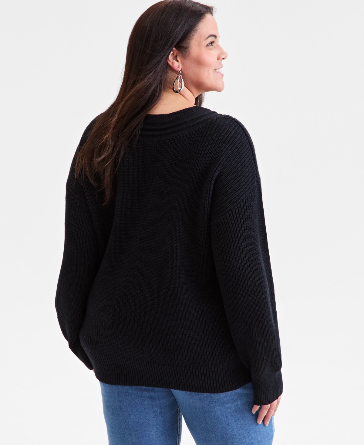 Style & Co Plus Size V-neck Stitch Detail Sweater, Macy's Exclusive In Black