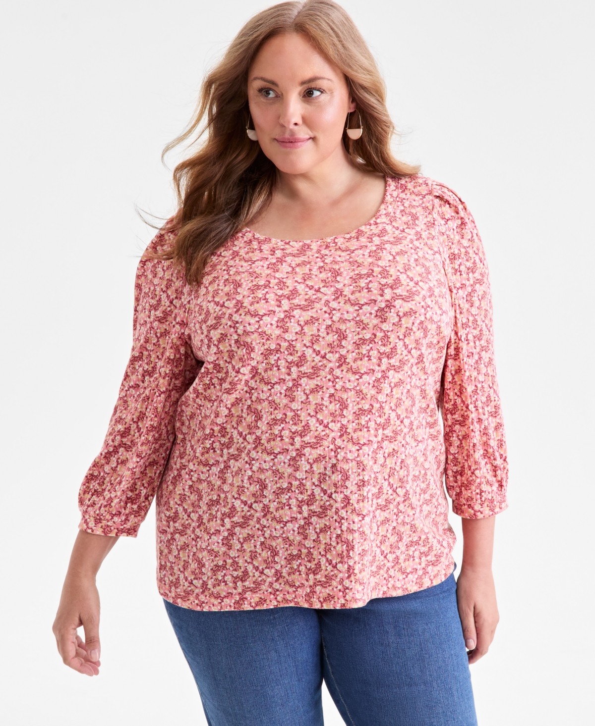 Style & Co Plus Size Printed 3/4-sleeve Blouse, Macy's Exclusive In Pink