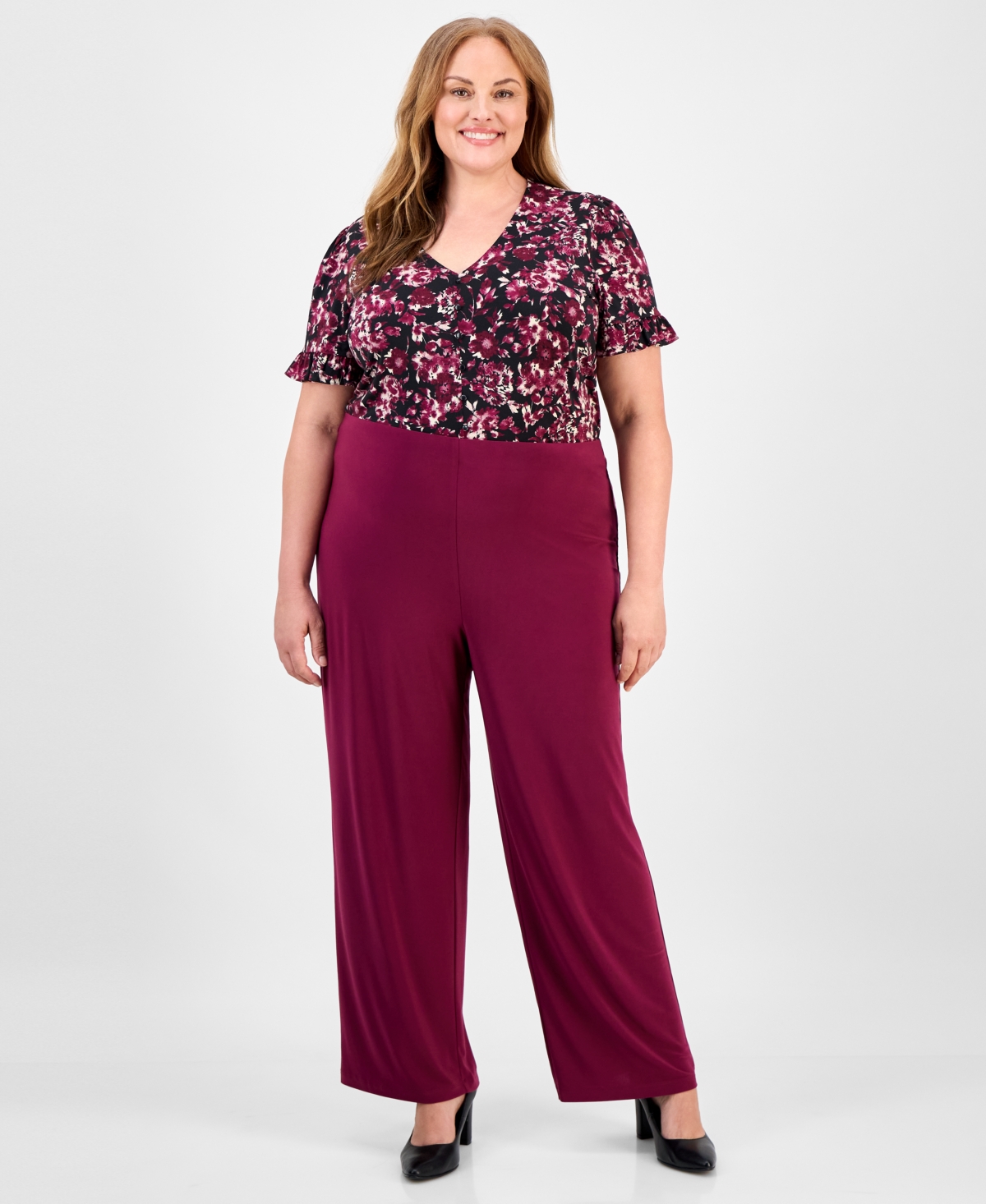 Ak Anne Klein Plus Size Wide-leg Pull-on Pants In Burgundy