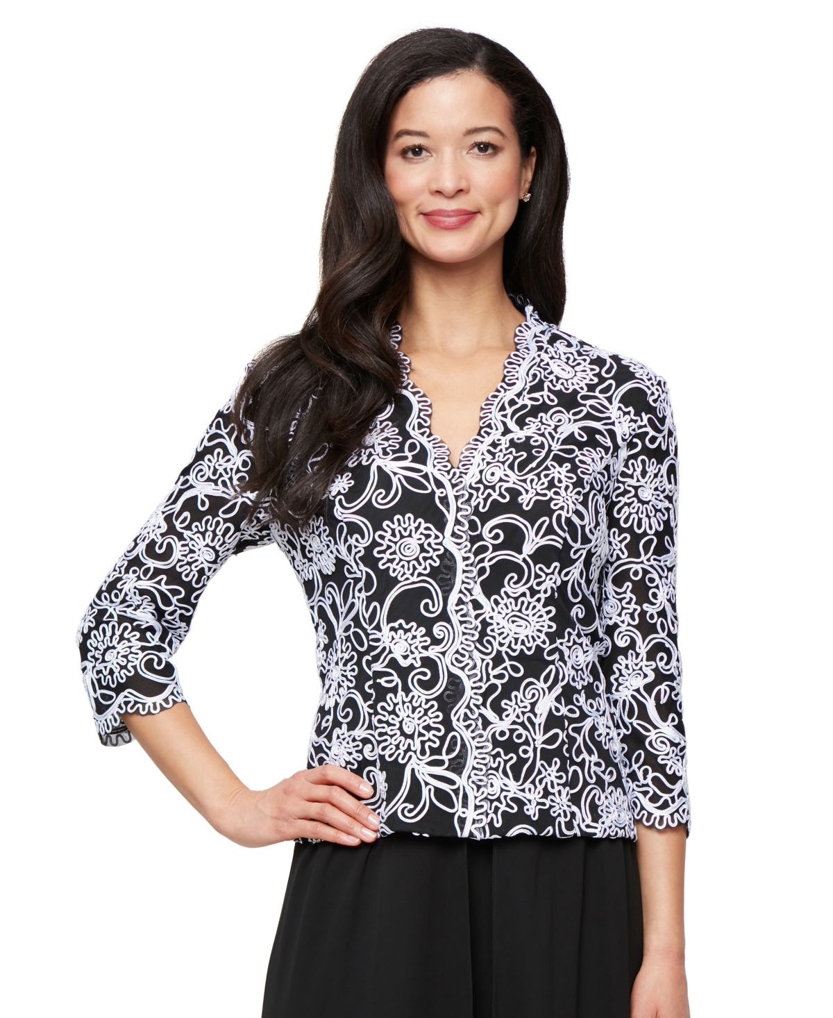 Petite Floral-Embroidered 3/4-Sleeve Lace Top - Black, White
