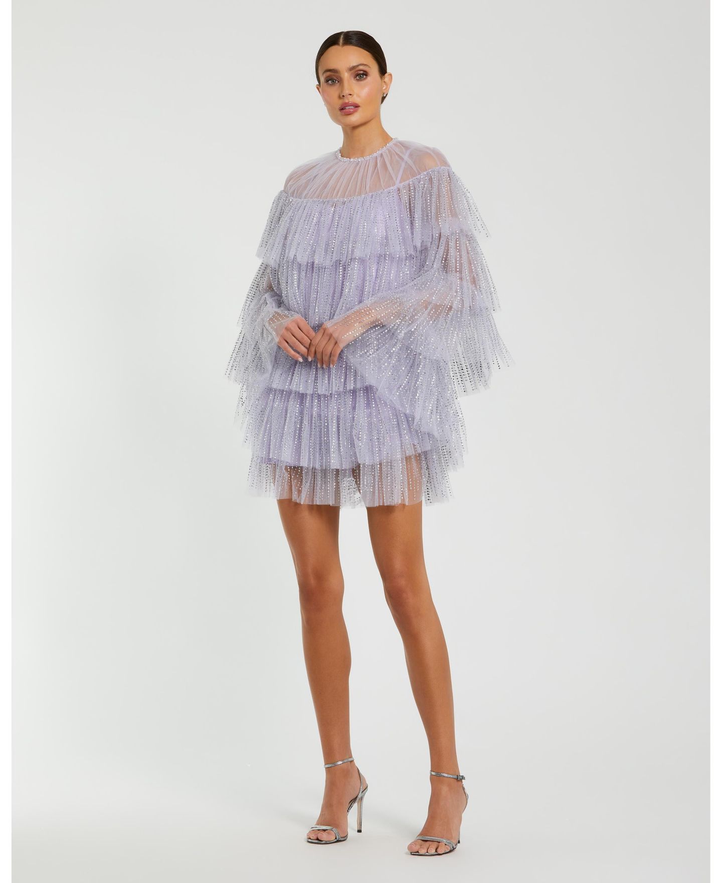 Женское платье Mac Duggal High Neck Tiered Ruffle Pearl Beaded Cape, цвет: Сиреневый — фото 4