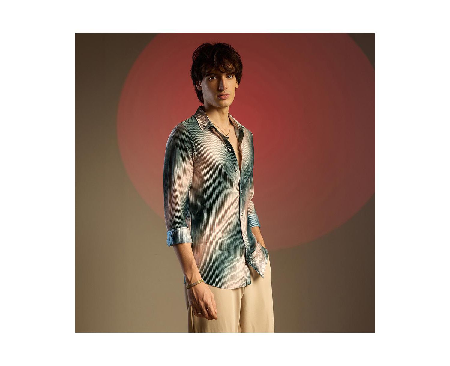 Men's Emerald Green & Ivory White Ombre-Pleated Shirt