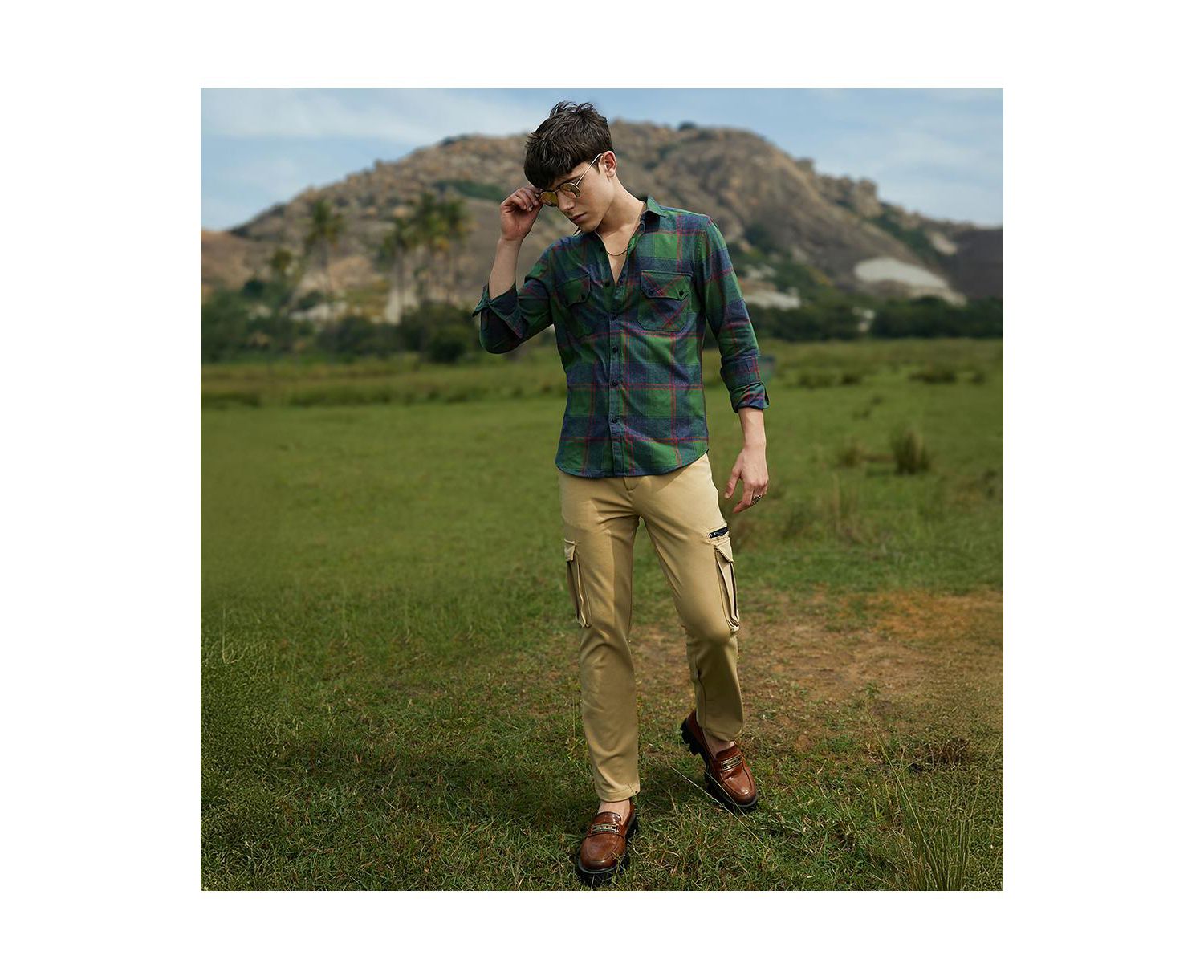 Men's Forest Green & Indigo Blue Buffalo Check Utility Shirt