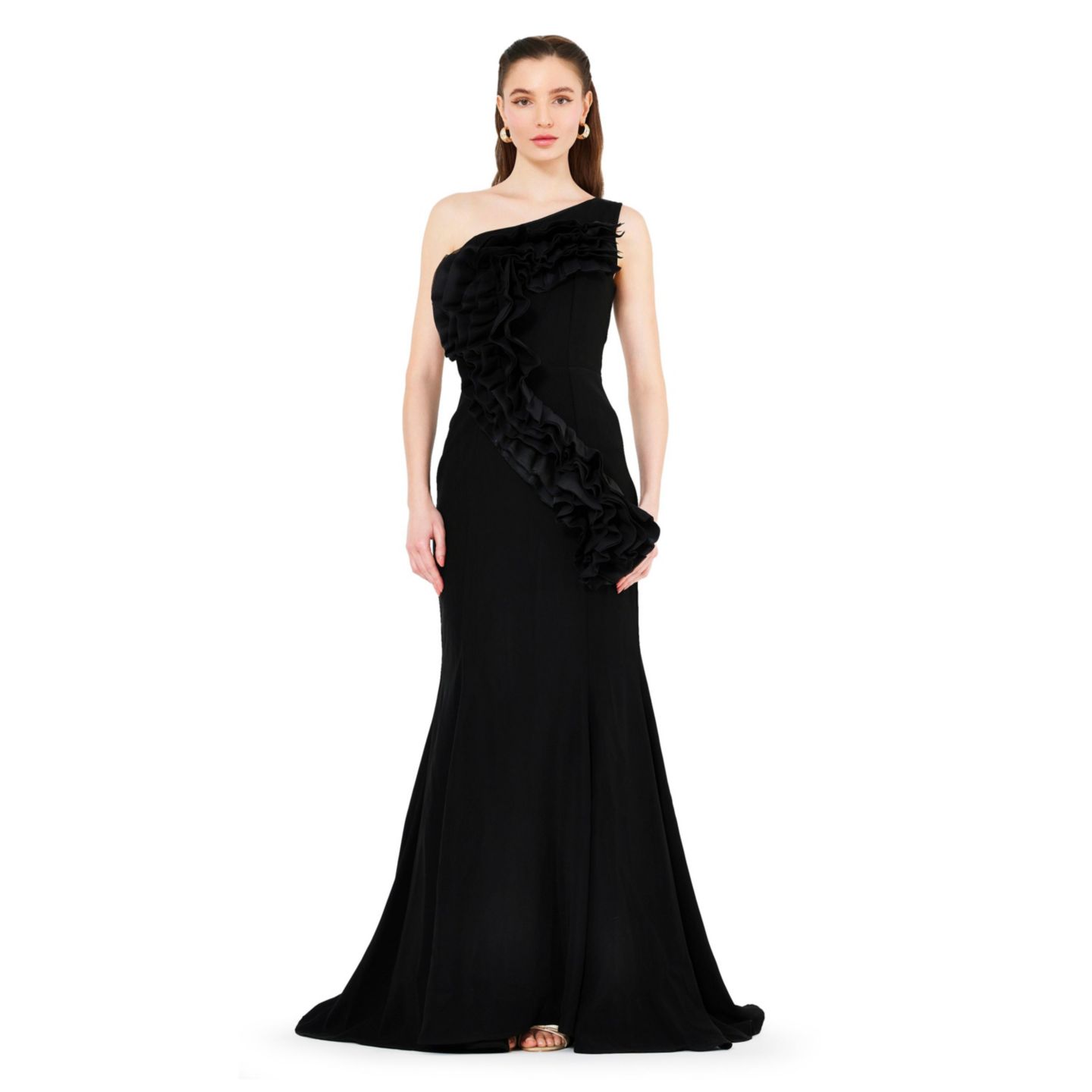 Женское платье AMRI Organza Ruffle Detail Mermaid Crepe Gown, цвет: Чёрный — фото 1