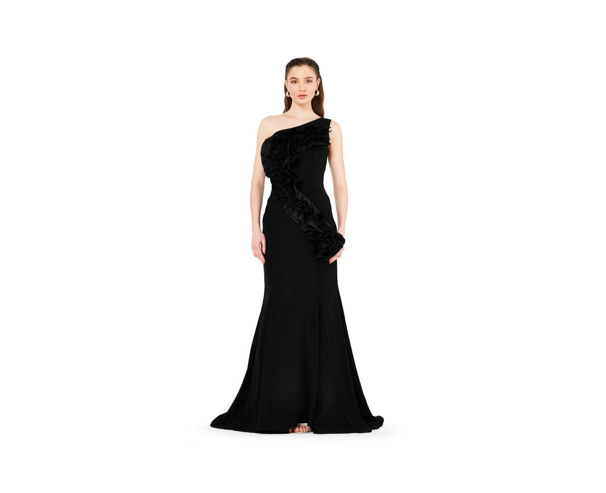 Women's Organza Ruffle Detail Mermaid Crepe Gown - Black