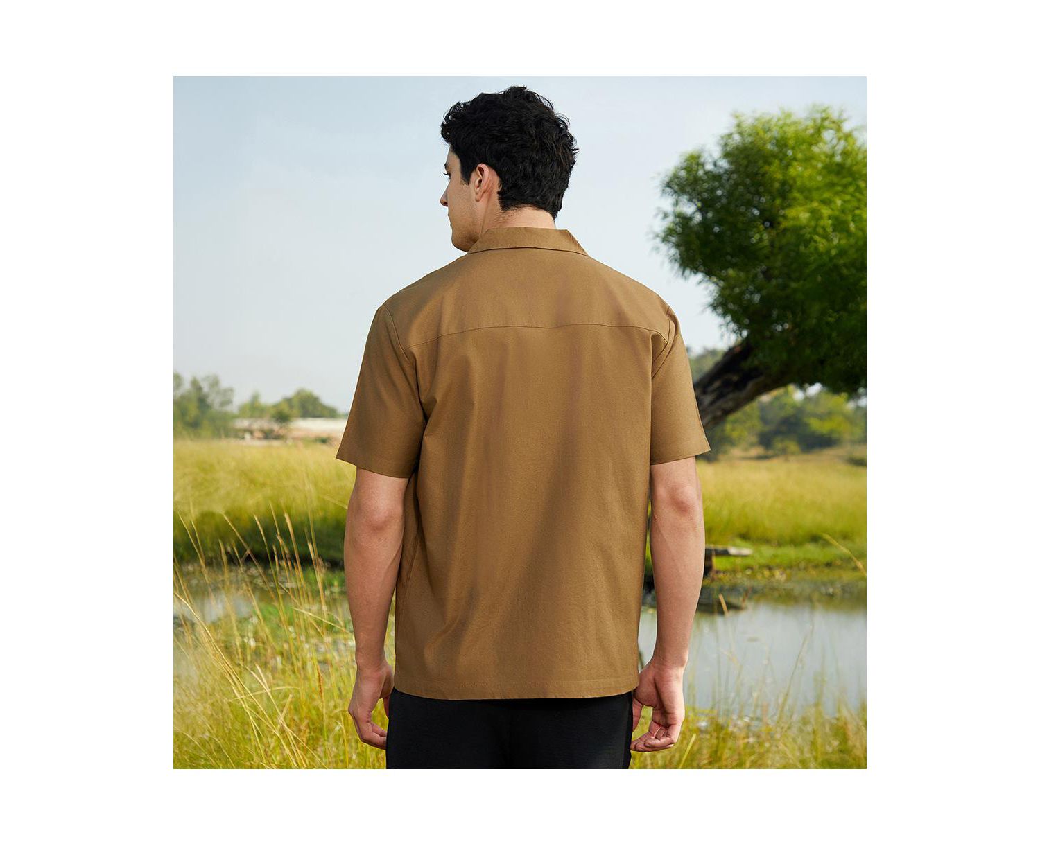 Men's Camel Brown Asymmetrical Cuban Shirt