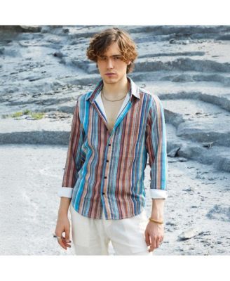 Men's Azure Blue & Chocolate Brown Multitrack-Striped Shirt