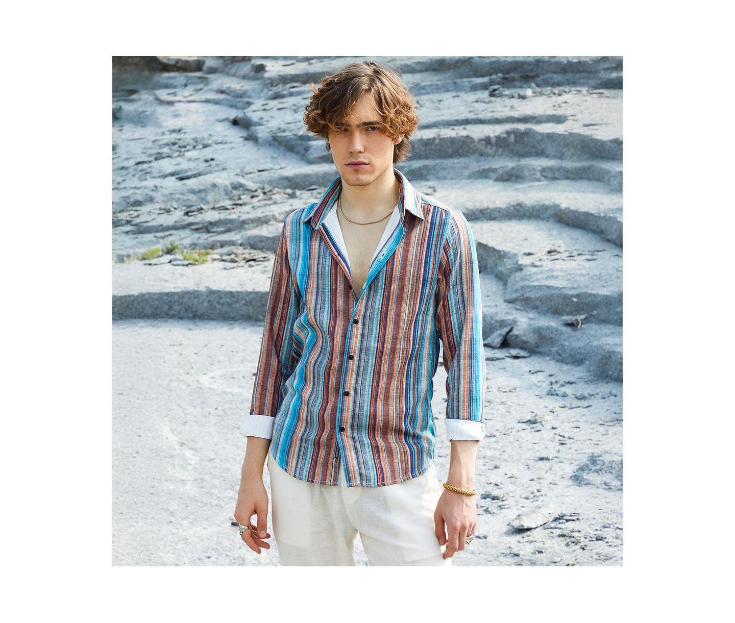 Мужская рубашка Cahoot Campus Sutra Azure Blue & Chocolate Brown Multitrack-Striped, цвет: Синий — фото 3